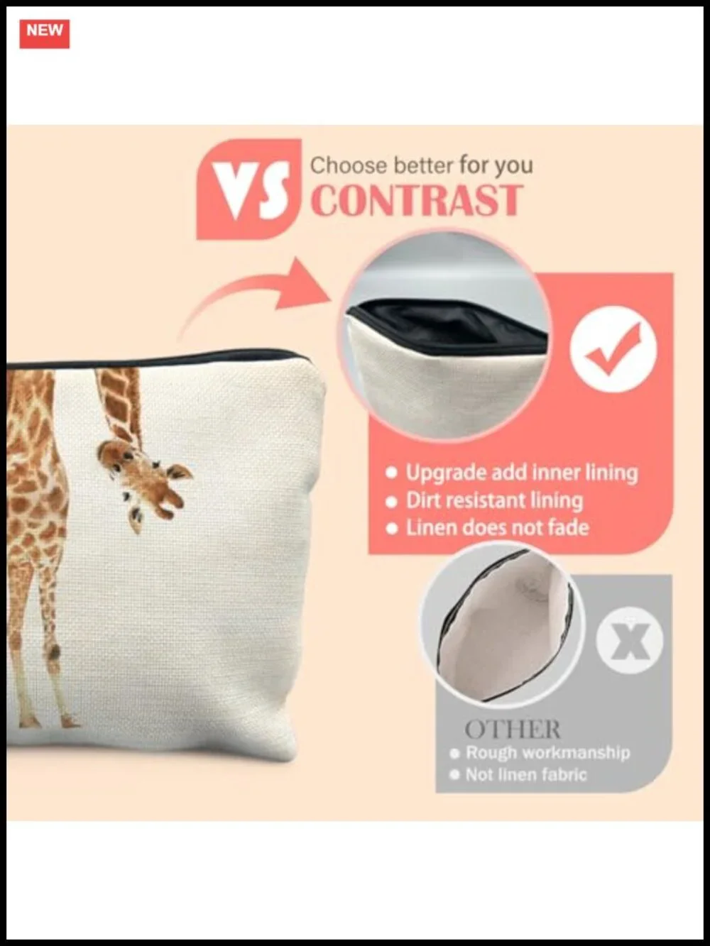 Giraffe Print Linen Canvas Makeup Bag Travel Cosmetic Pouch for Women